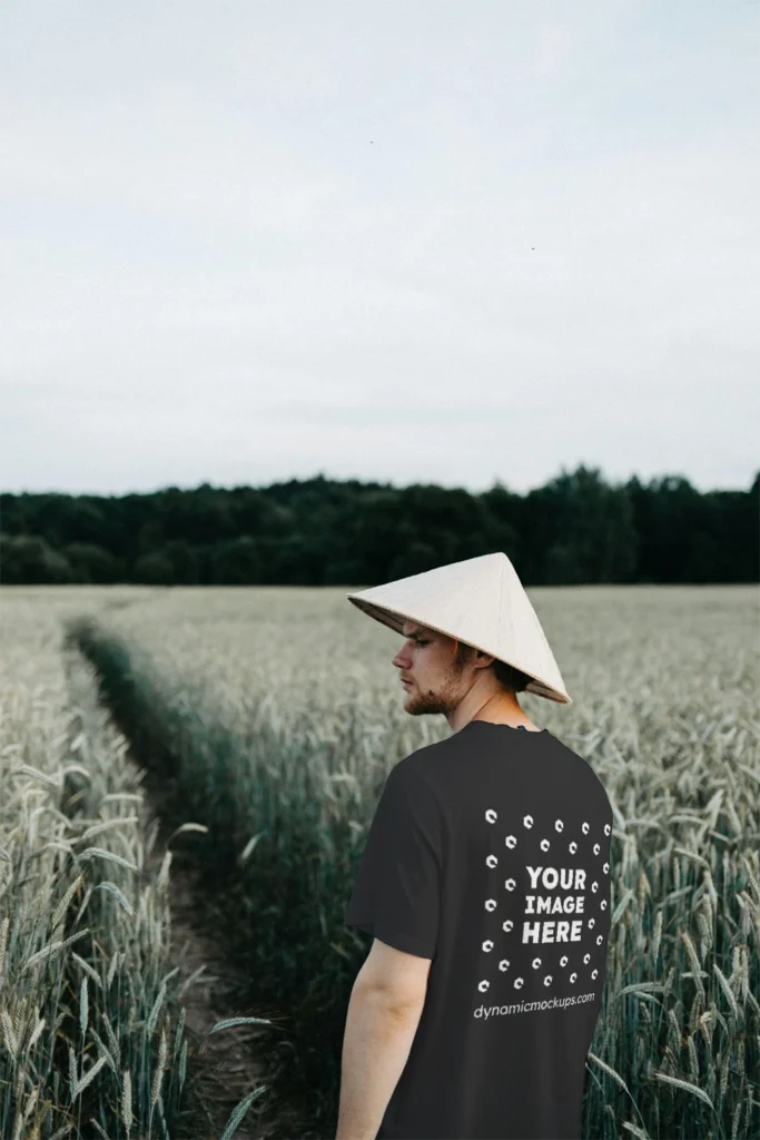 Man Wearing Black T-shirt Mockup Front View Template