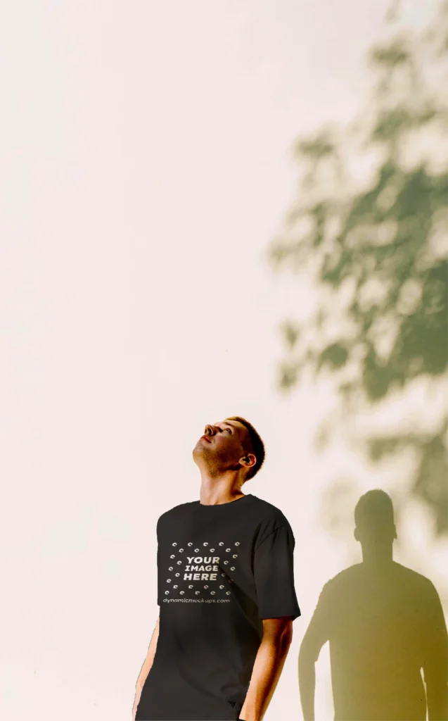 Man Wearing Black T-shirt Mockup Front View Template