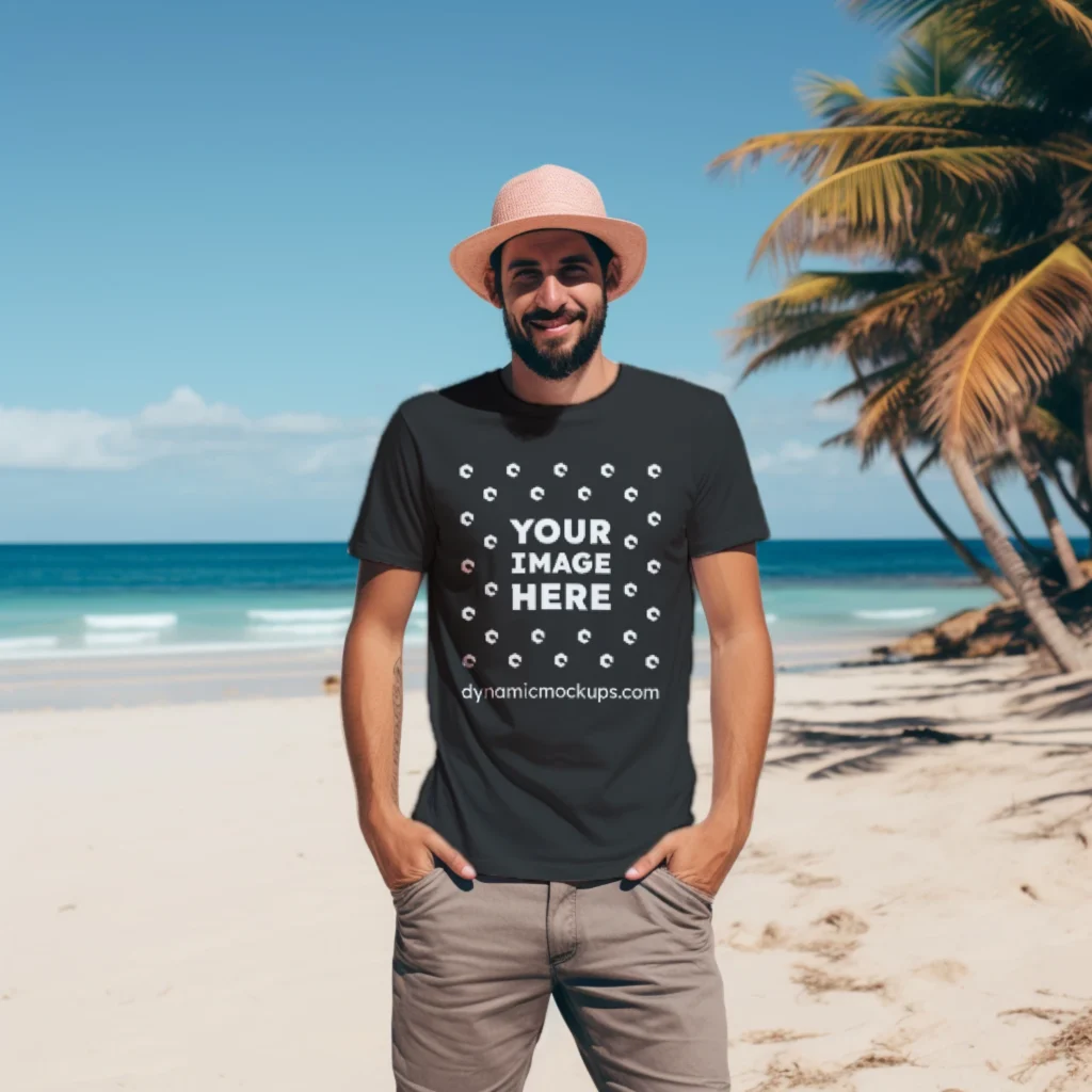 Man Wearing Black T-shirt Mockup Front View Template