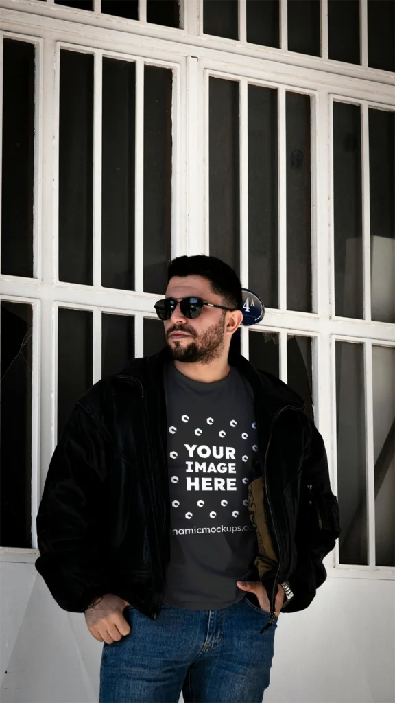 Man Wearing Black T-shirt Mockup Front View Template