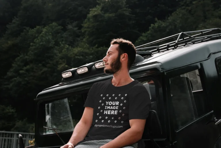 Man Wearing Black T-shirt Mockup Front View Template