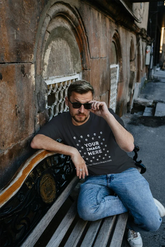 Man Wearing Black T-shirt Mockup Front View Template