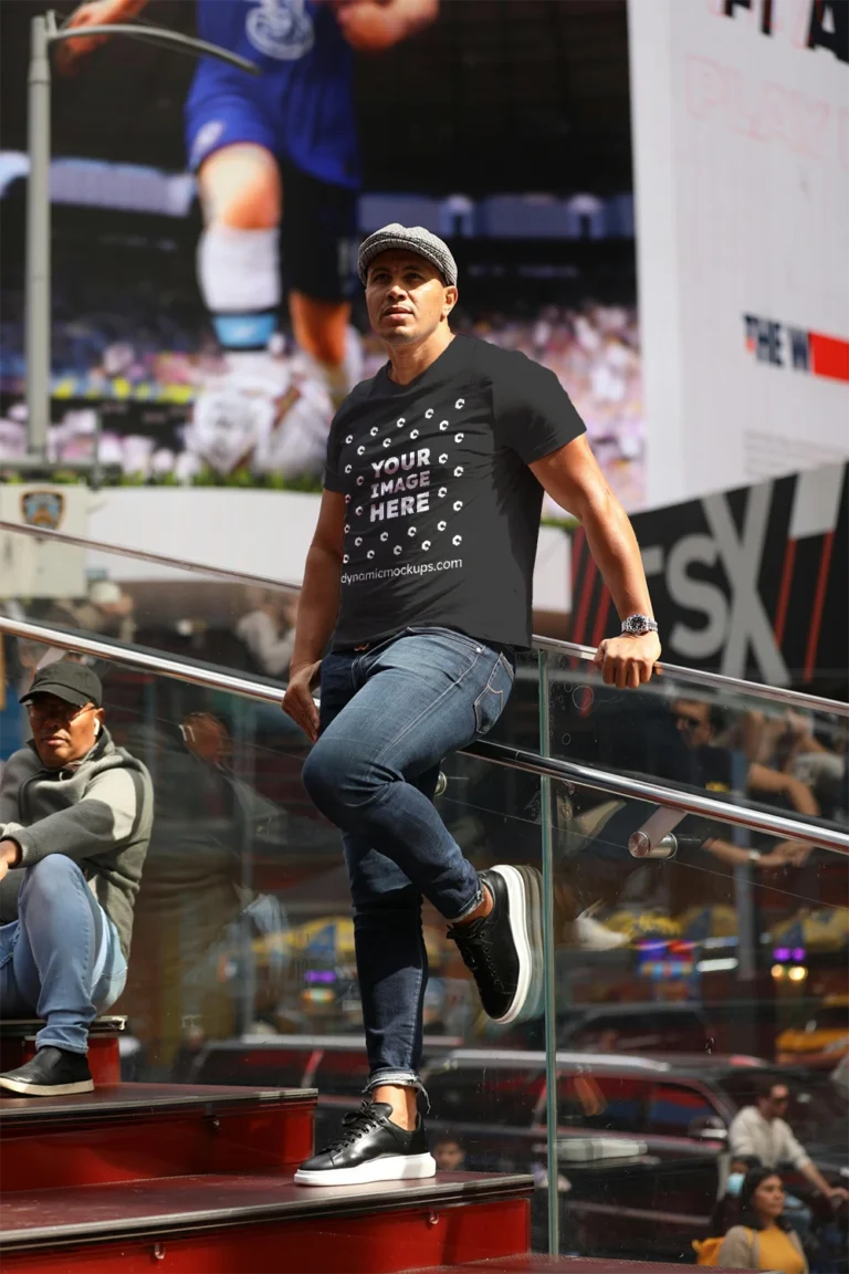 Man Wearing Black T-shirt Mockup Front View Template