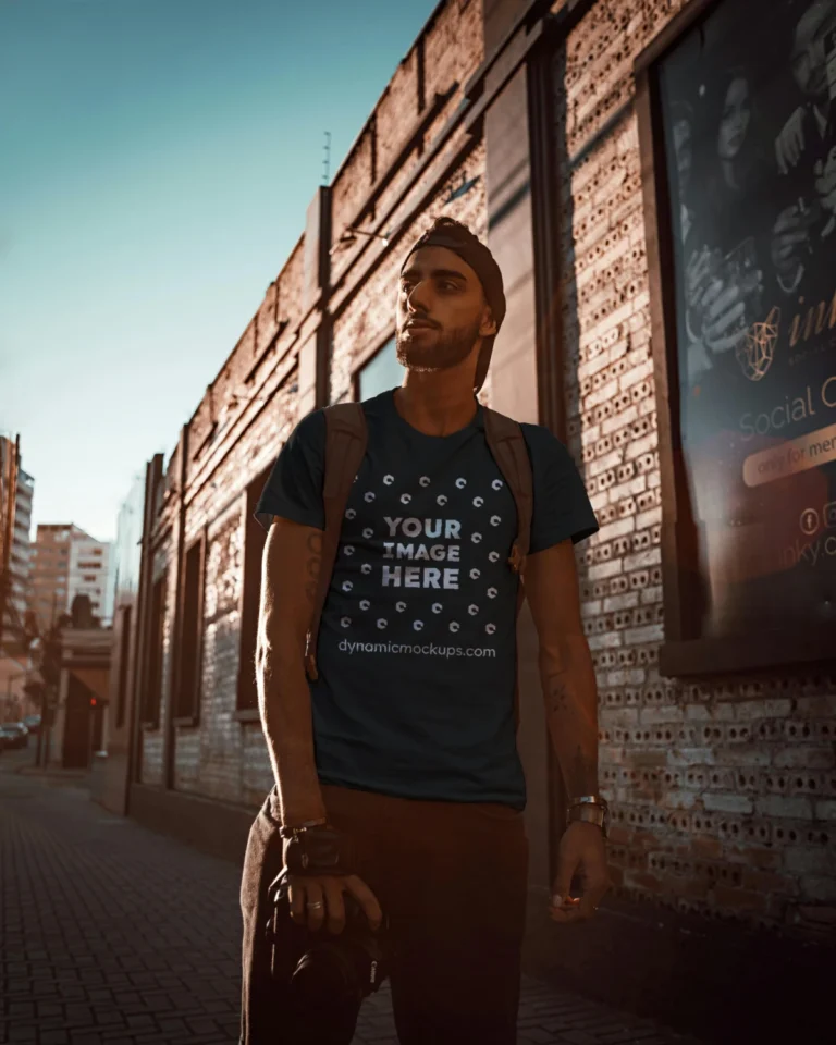 Man Wearing Black T-shirt Mockup Front View Template