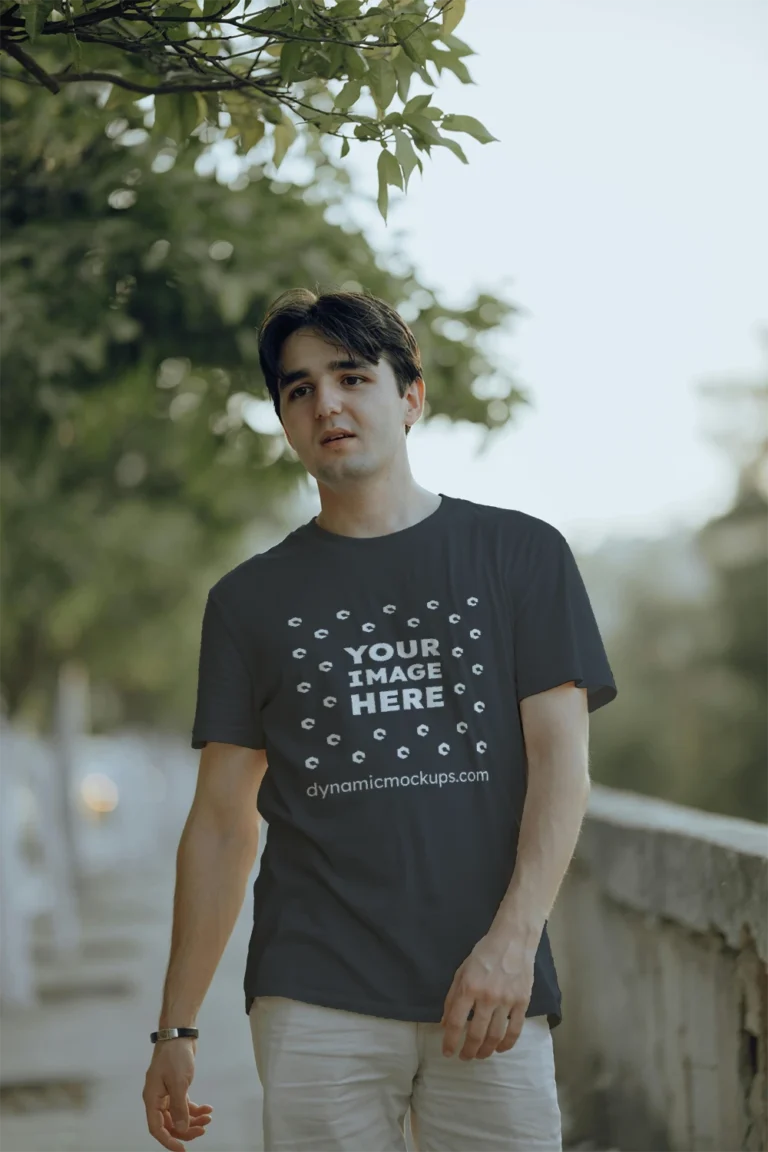 Man Wearing Black T-shirt Mockup Front View Template