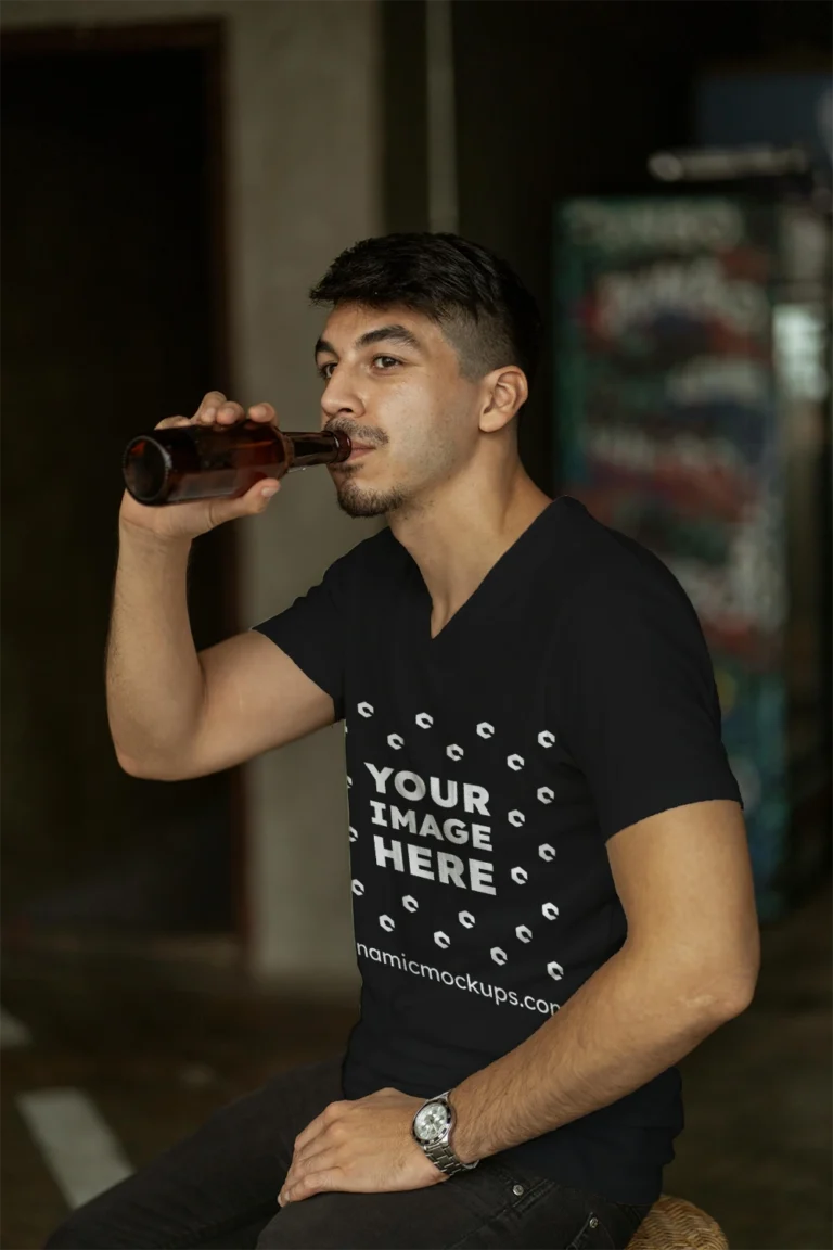 Man Wearing Black T-shirt Mockup Side View Template