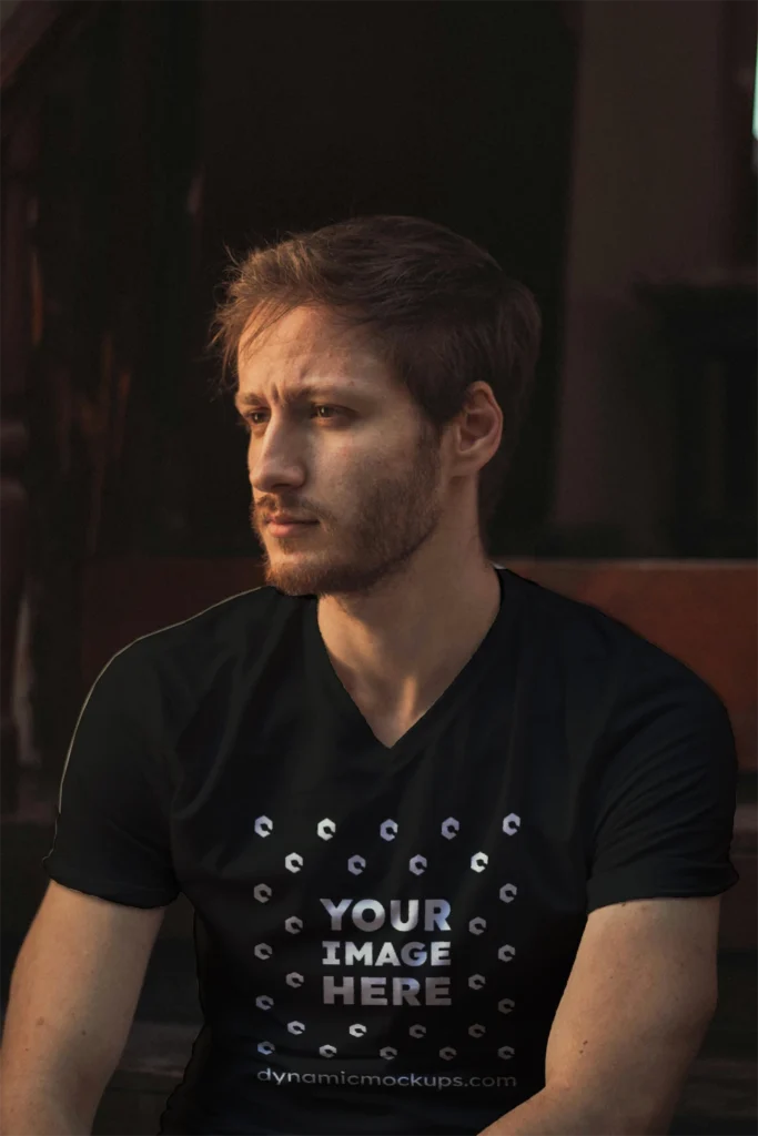 Man Wearing Black T-shirt Mockup Front View Template