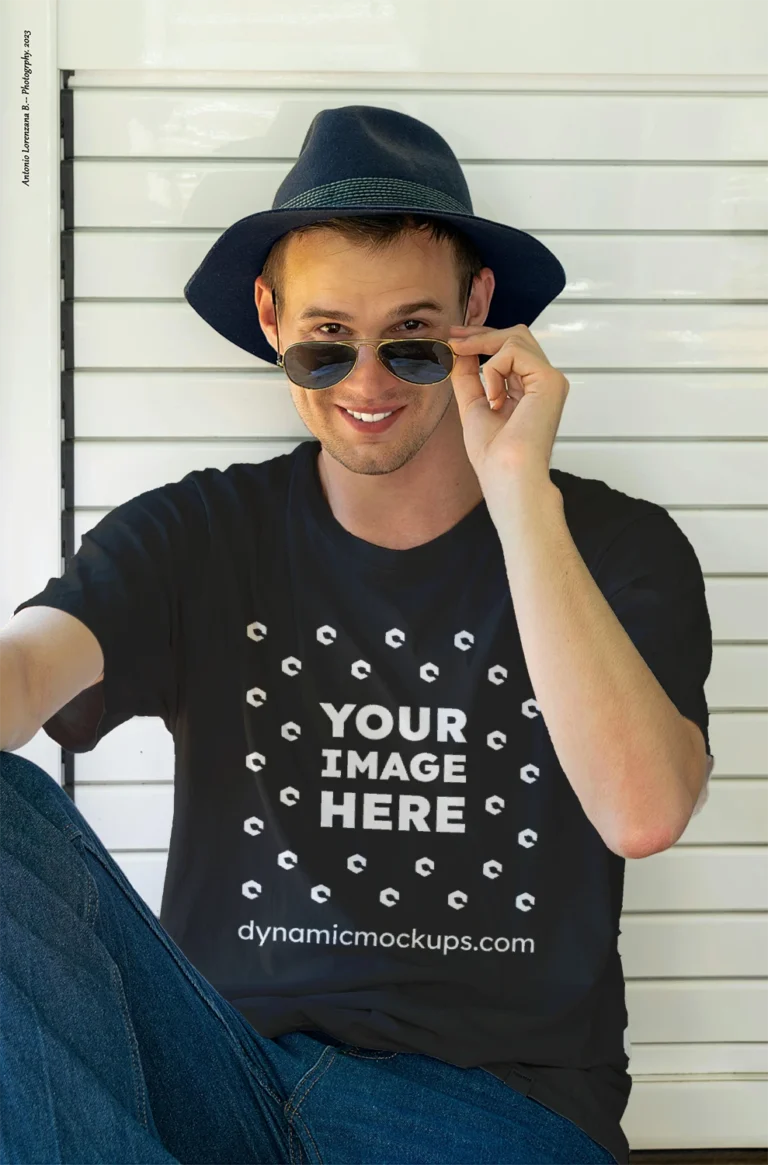 Man Wearing Black T-shirt Mockup Front View Template