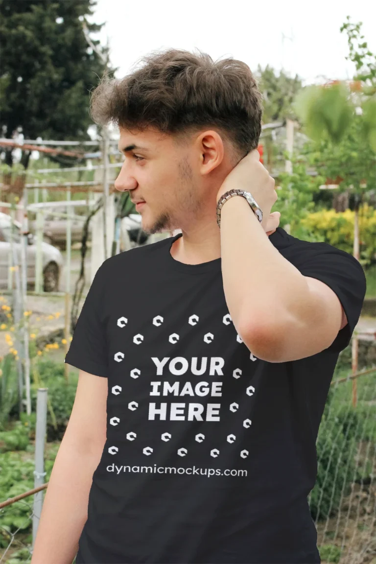 Man Wearing Black T-shirt Mockup Front View Template