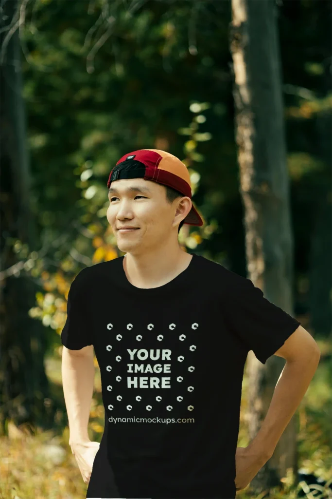 Man Wearing Black T-shirt Mockup Front View Template