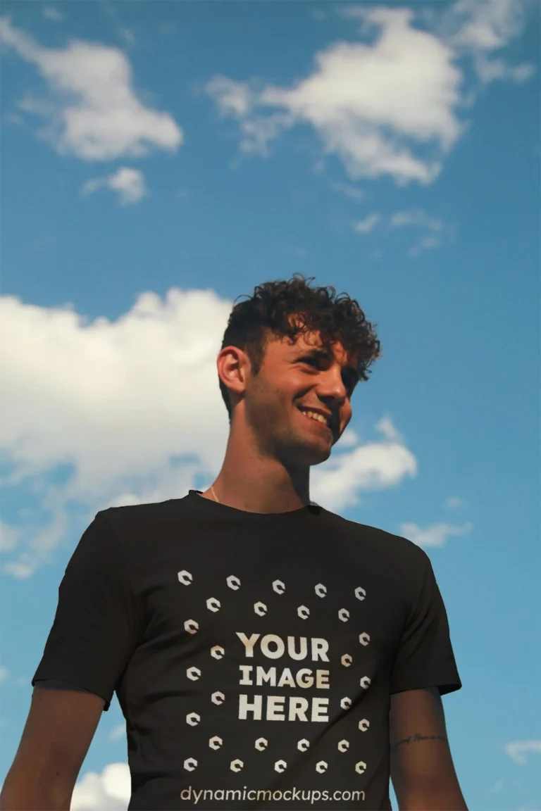 Man Wearing Black T-shirt Mockup Front View Template