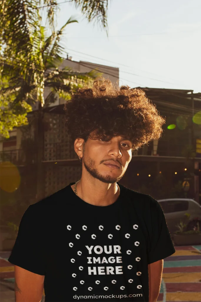 Man Wearing Black T-shirt Mockup Front View Template