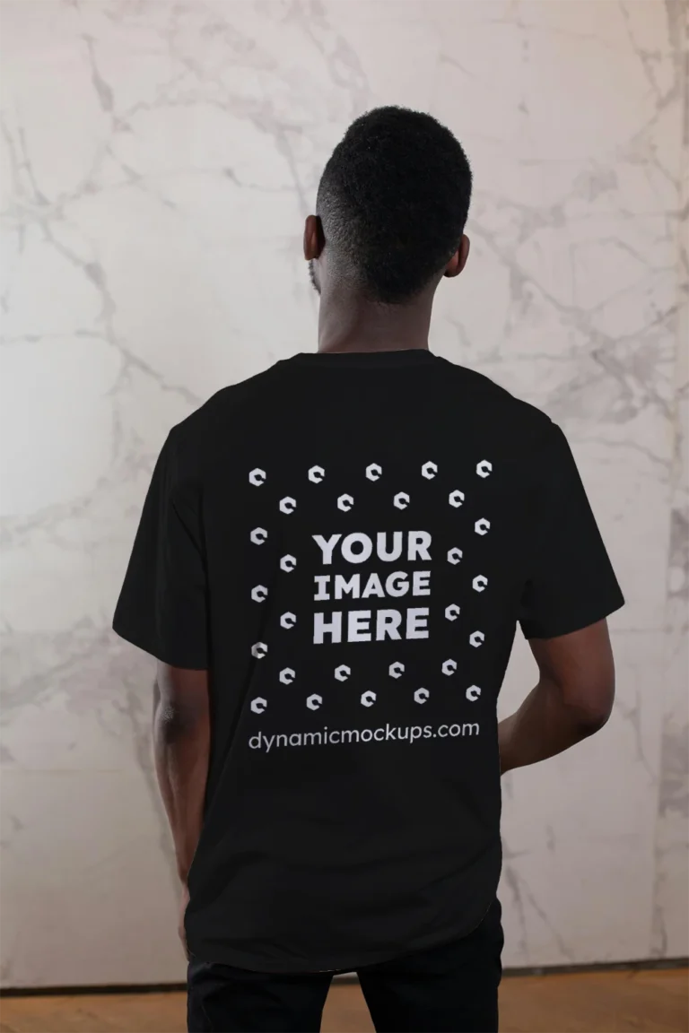 Man Wearing Black T-shirt Mockup Back View Template