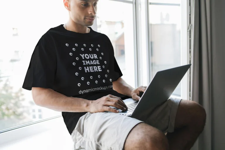 Man Wearing Black T-shirt Mockup Front View Template