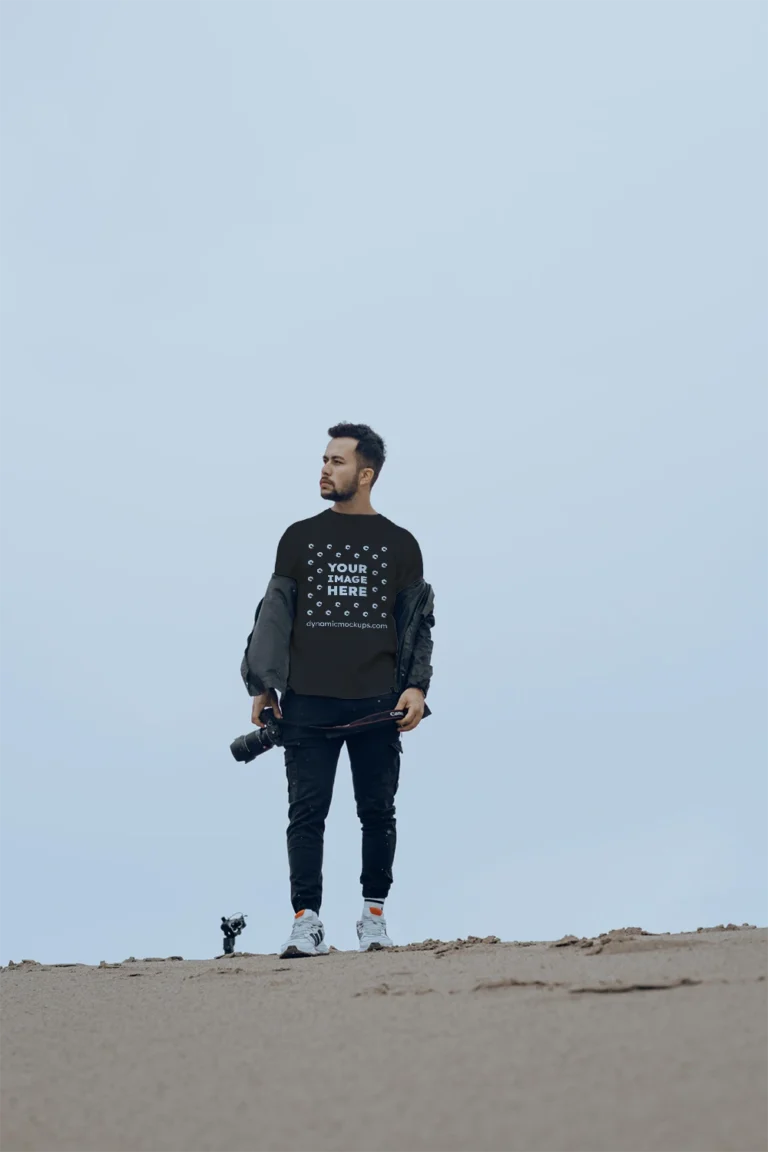 Man Wearing Black T-shirt Mockup Front View Template