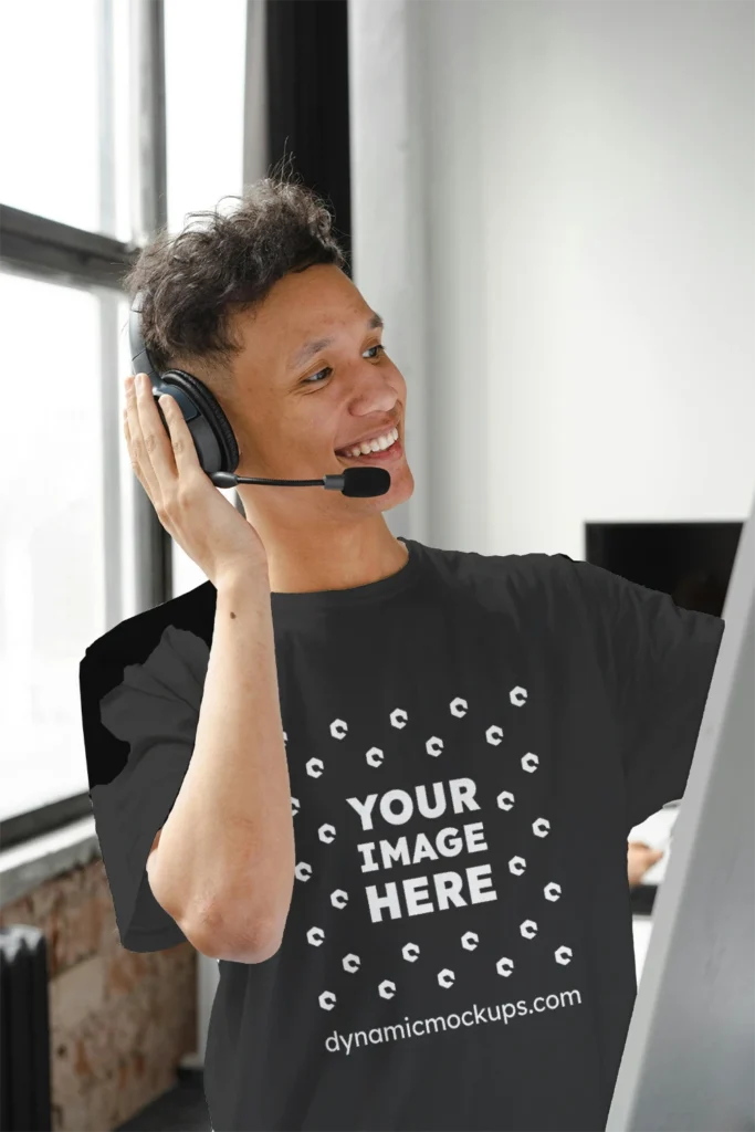 Man Wearing Black T-shirt Mockup Front View Template