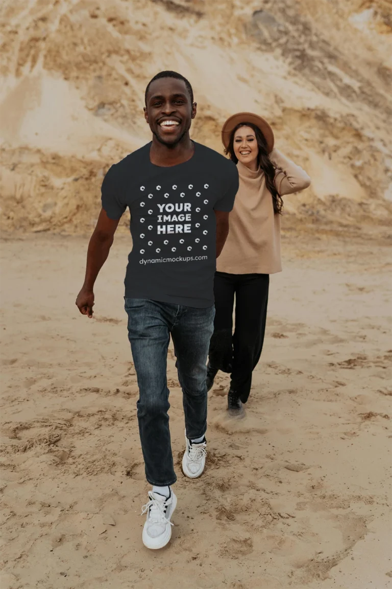 Man Wearing Black T-shirt Mockup Front View Template