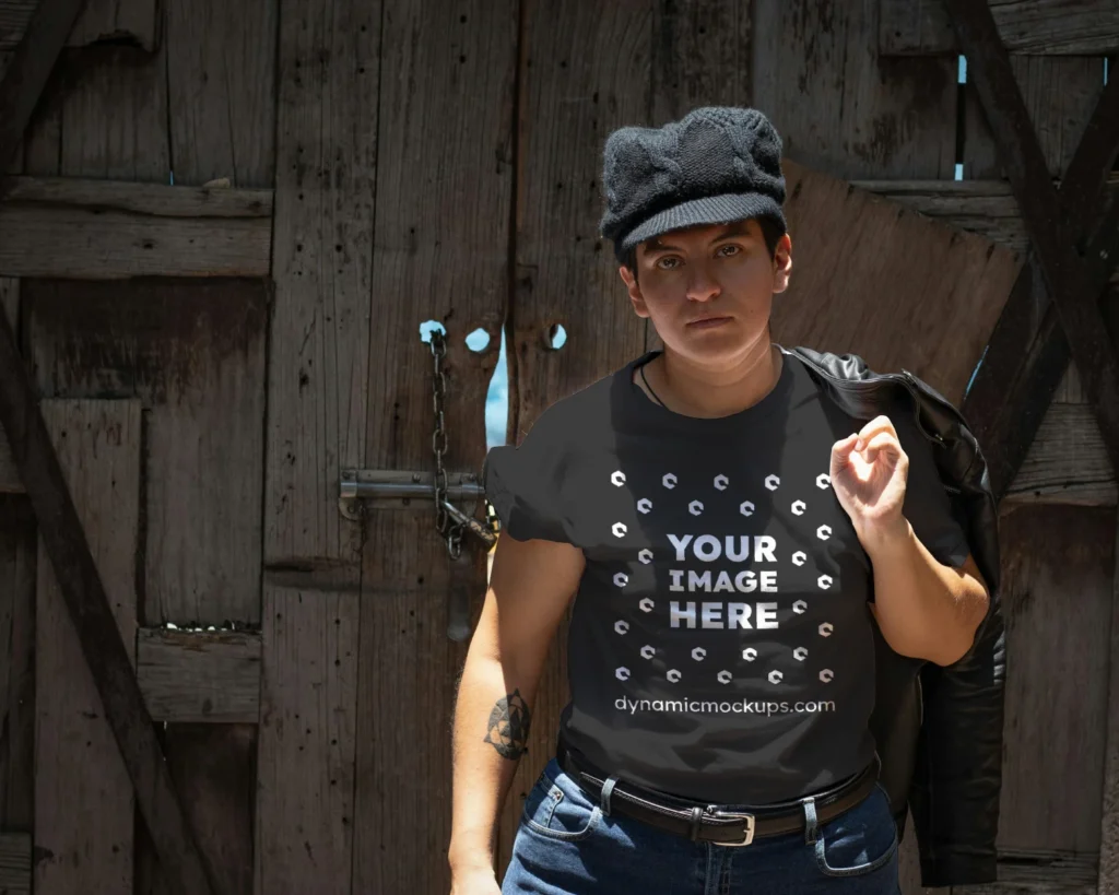 Man Wearing Black T-shirt Mockup Front View Template