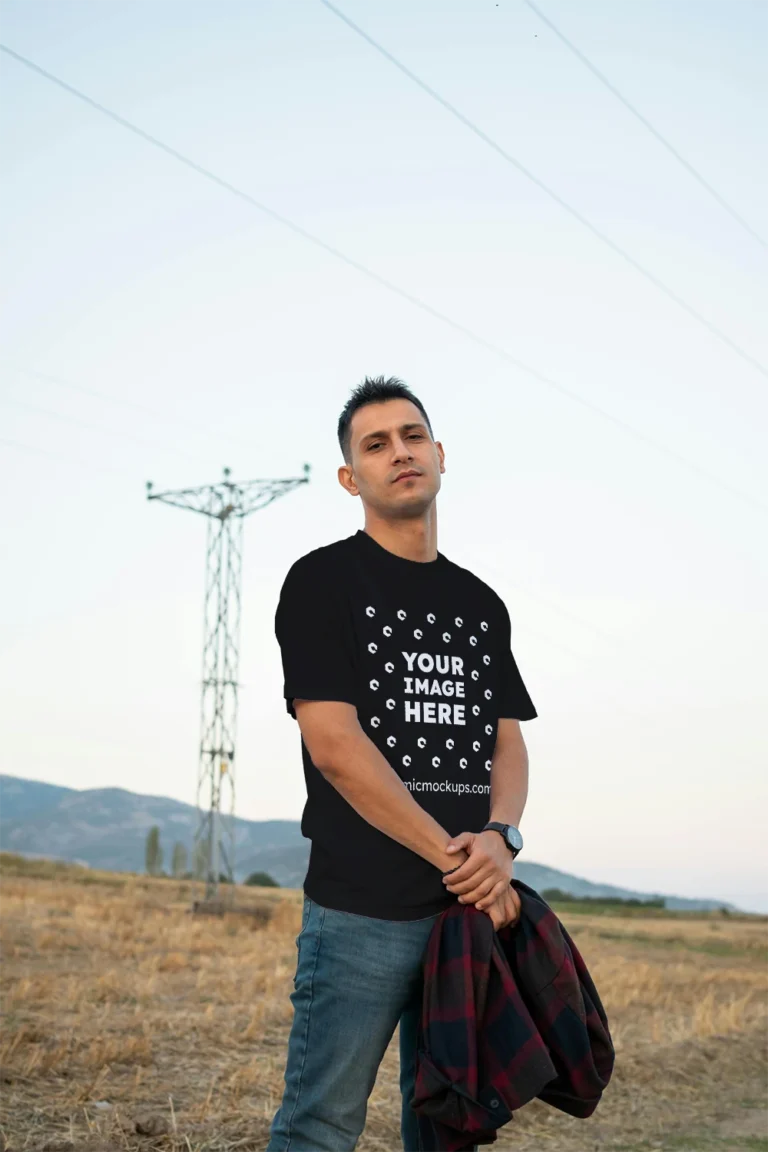 Man Wearing Black T-shirt Mockup Front View Template