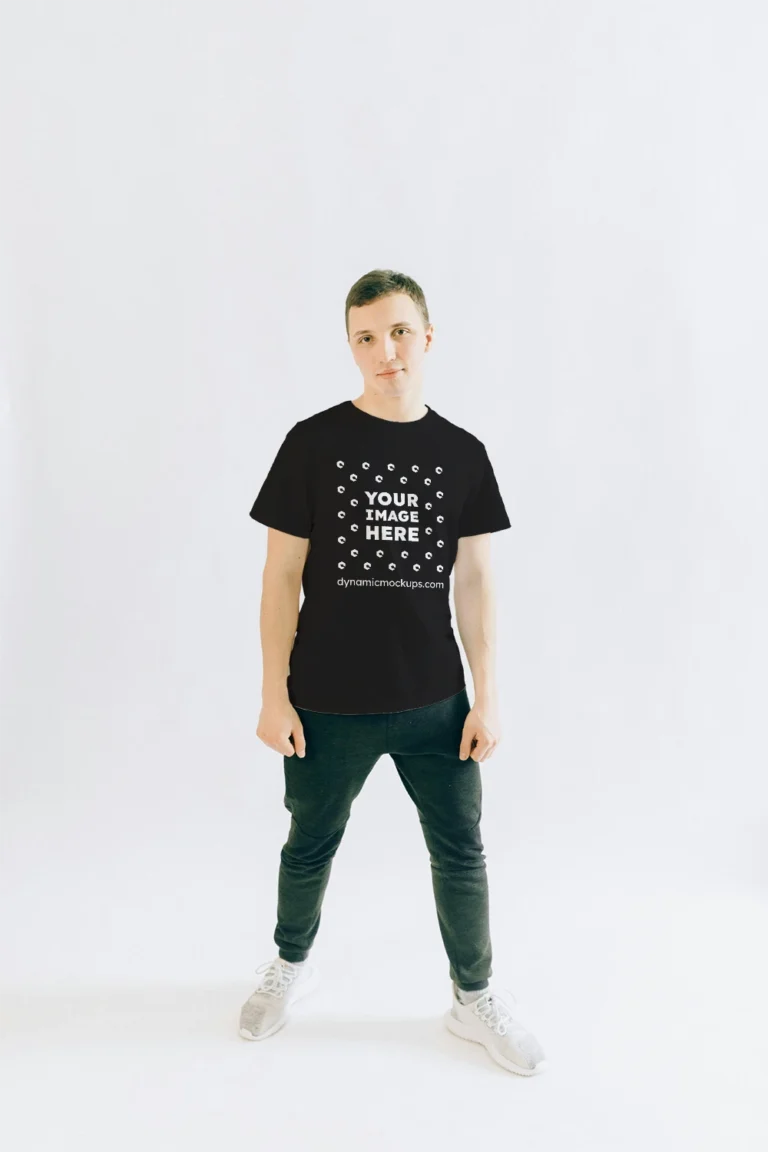 Man Wearing Black T-shirt Mockup Front View Template