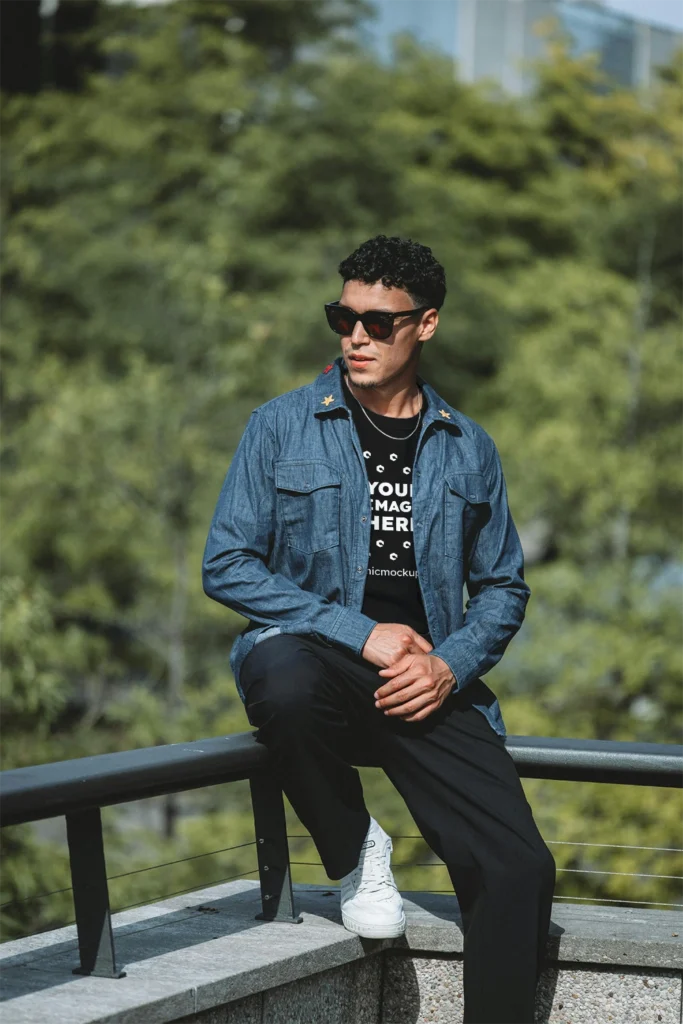 Man Wearing Black T-shirt Mockup Front View Template