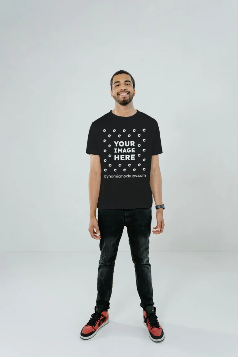 Man Wearing Black T-shirt Mockup Front View Template