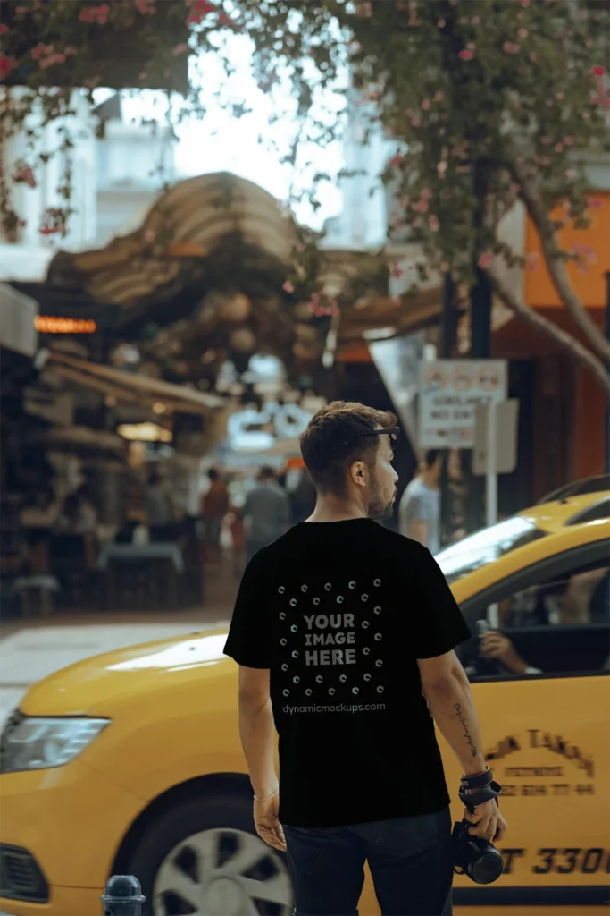 Man Wearing Black T-shirt Mockup Back View Template