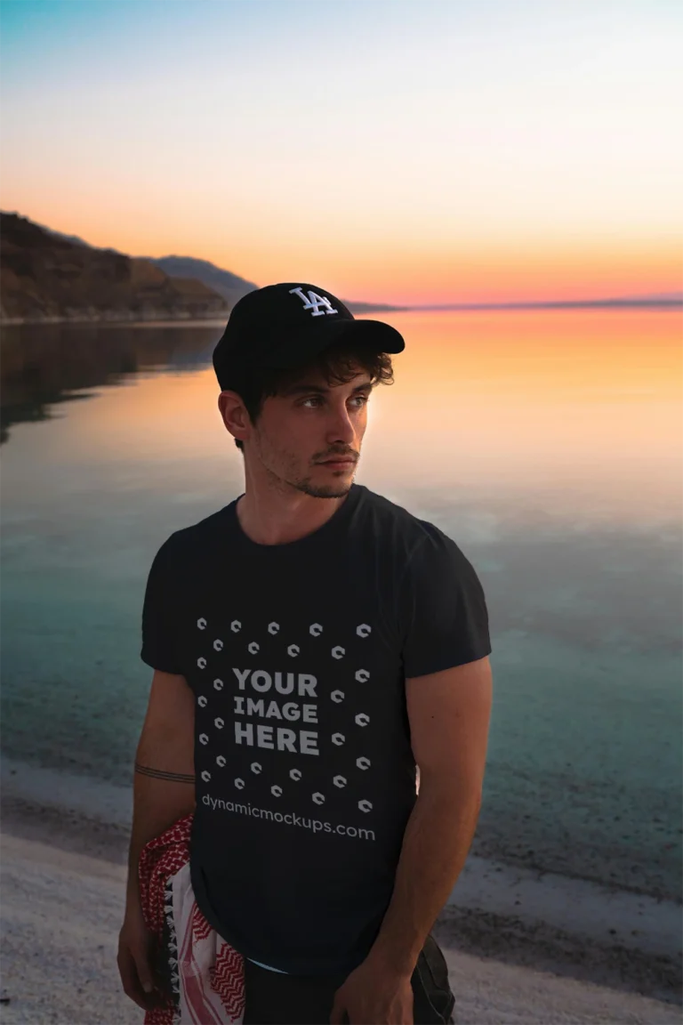 Man Wearing Black T-shirt Mockup Front View Template