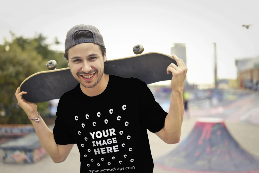 Man Wearing Black T-shirt Mockup Front View Template