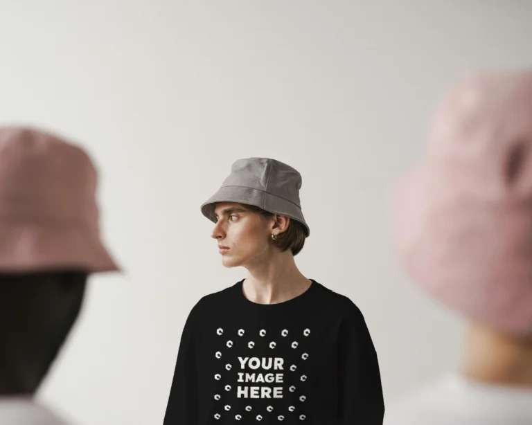 Man Wearing Black T-shirt Mockup Front View Template