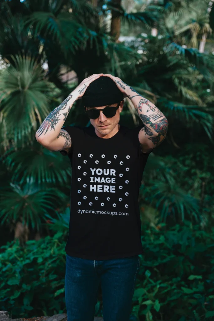 Man Wearing Black T-shirt Mockup Front View Template