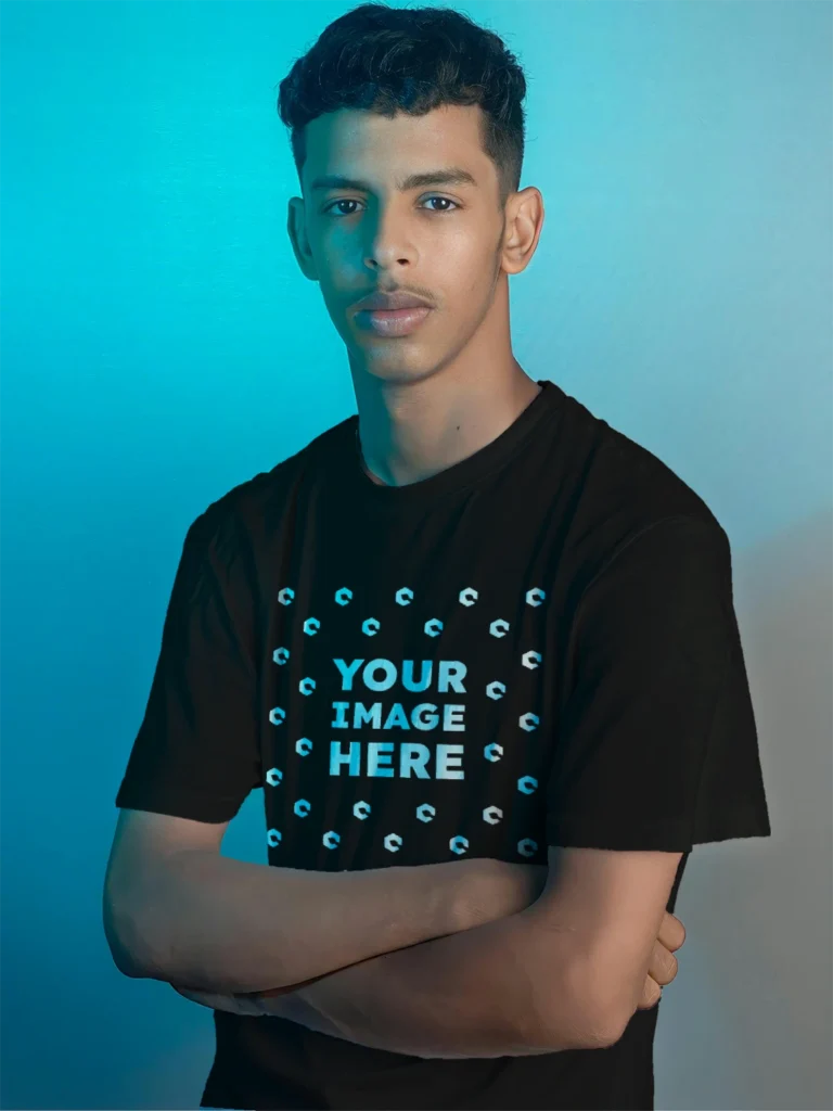 Man Wearing Black T-shirt Mockup Front View Template