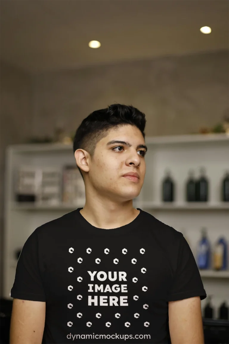 Man Wearing Black T-shirt Mockup Front View Template