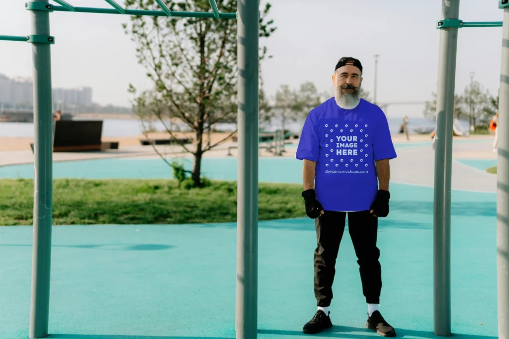 Man Wearing Blue T-shirt Mockup Front View Template