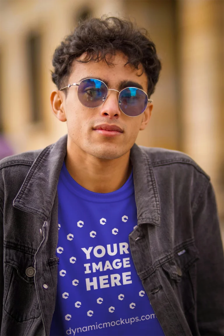 Man Wearing Blue T-shirt Mockup Front View Template