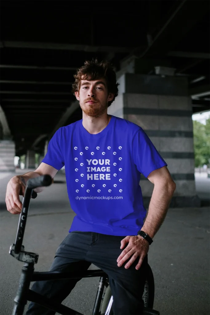 Man Wearing Blue T-shirt Mockup Front View Template