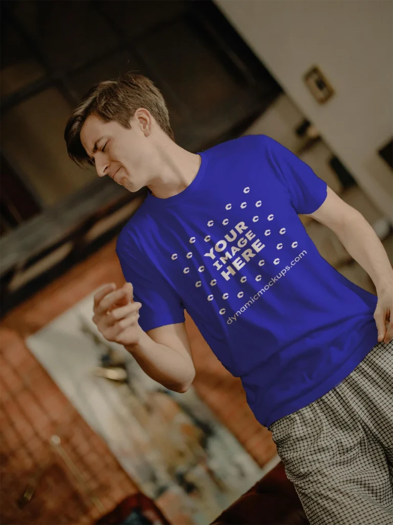 Man Wearing Blue T-shirt Mockup Front View Template