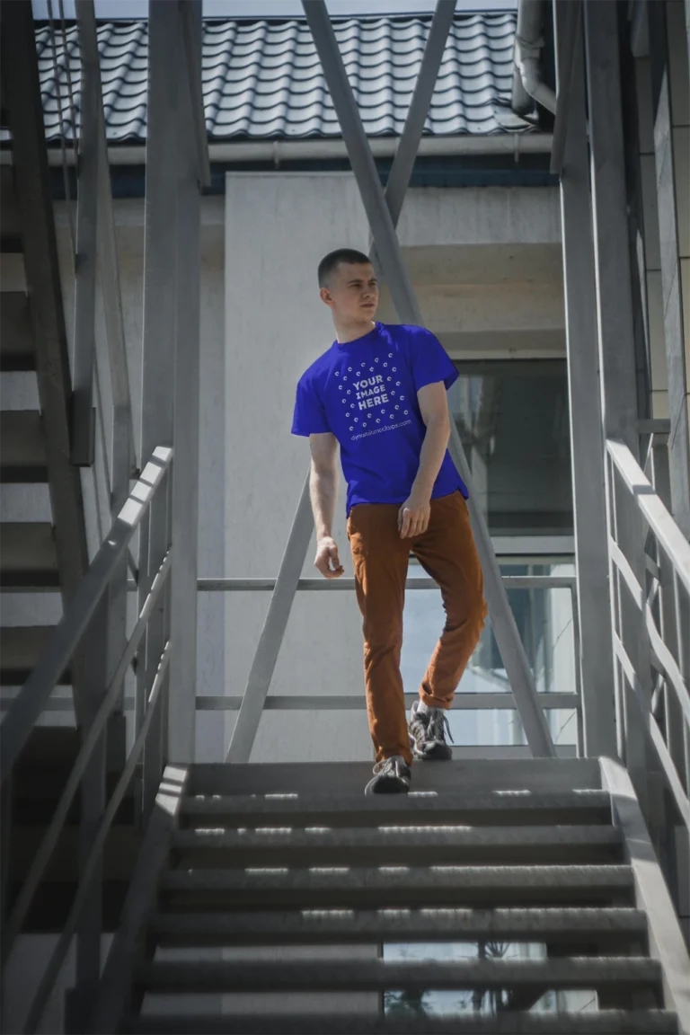 Man Wearing Blue T-shirt Mockup Front View Template