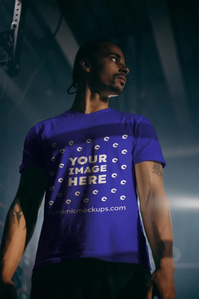 Man Wearing Blue T-shirt Mockup Front View Template