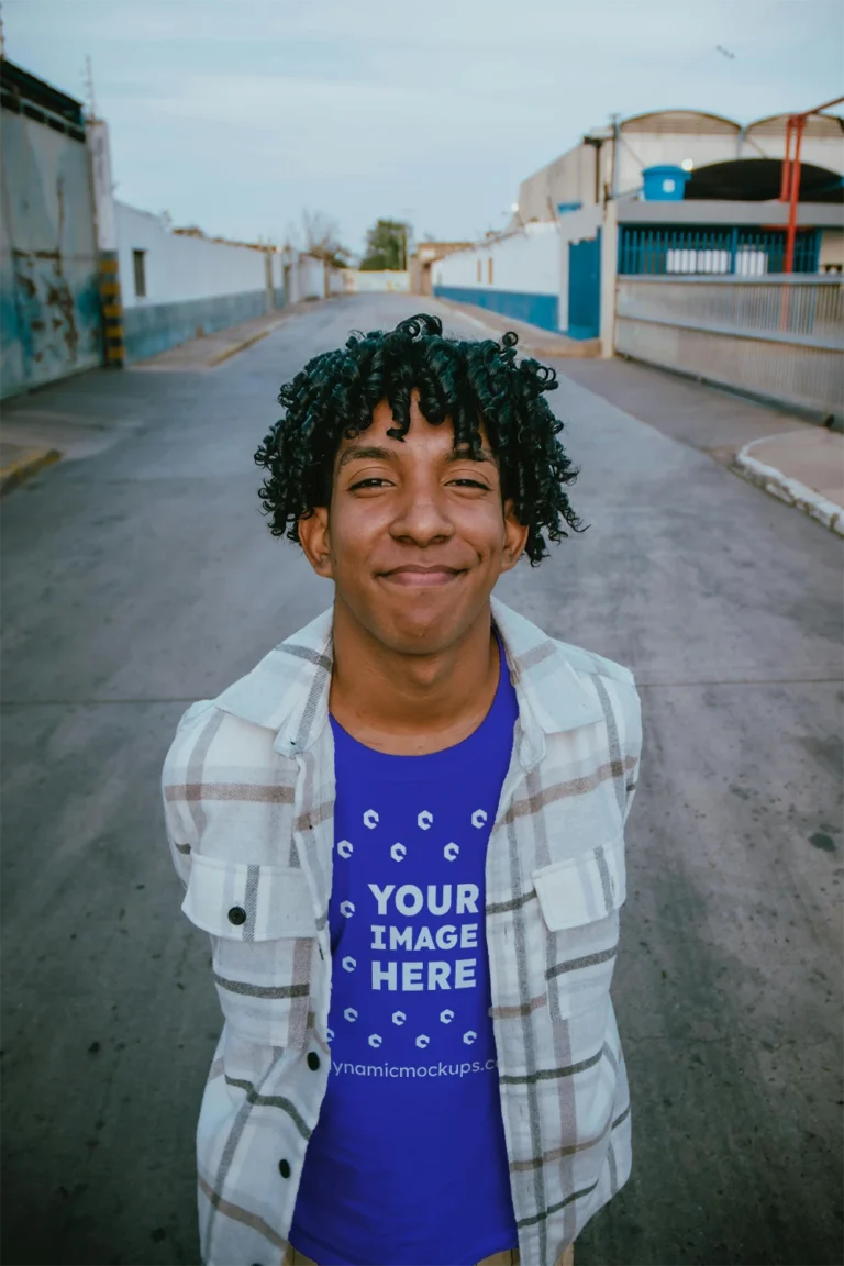 Man Wearing Blue T-shirt Mockup Front View Template