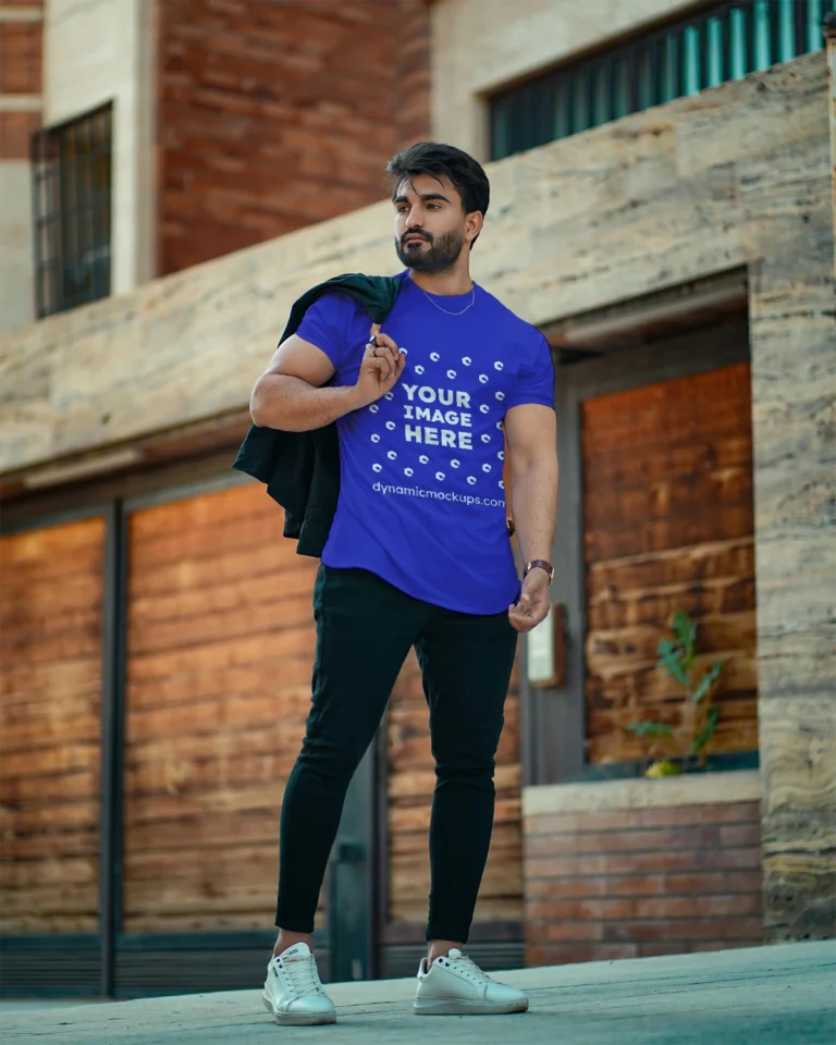 Man Wearing Blue T-shirt Mockup Front View Template