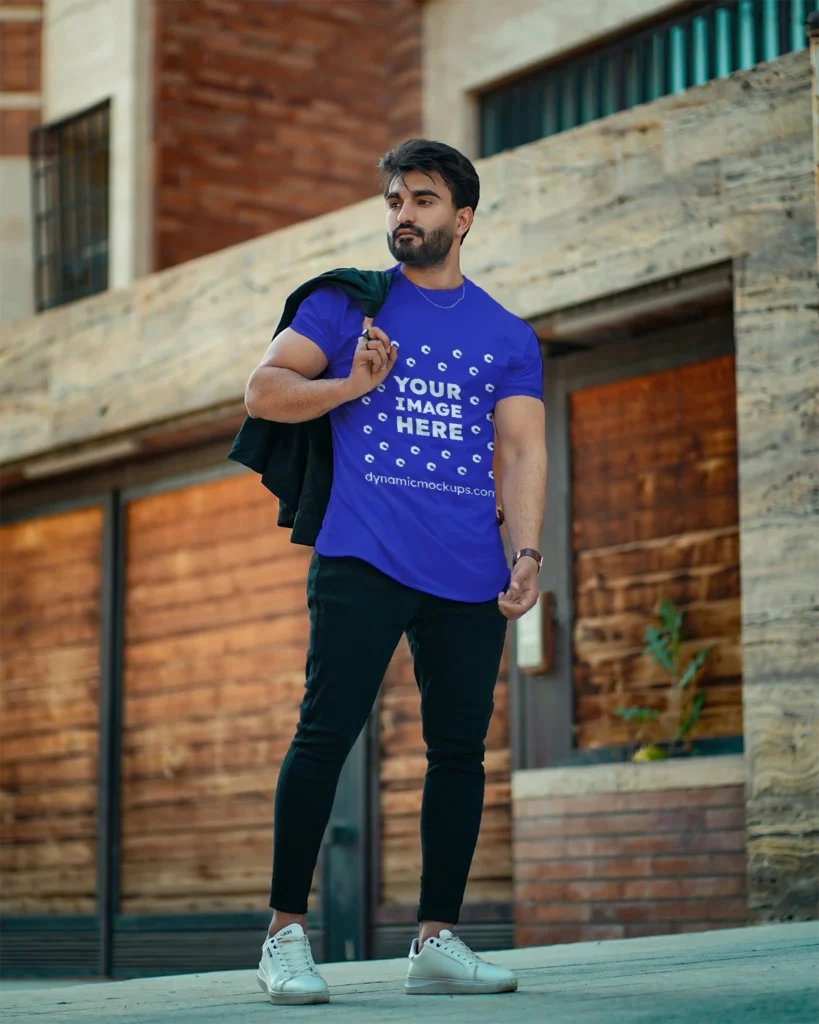 Man Wearing Blue T-shirt Mockup Front View Template