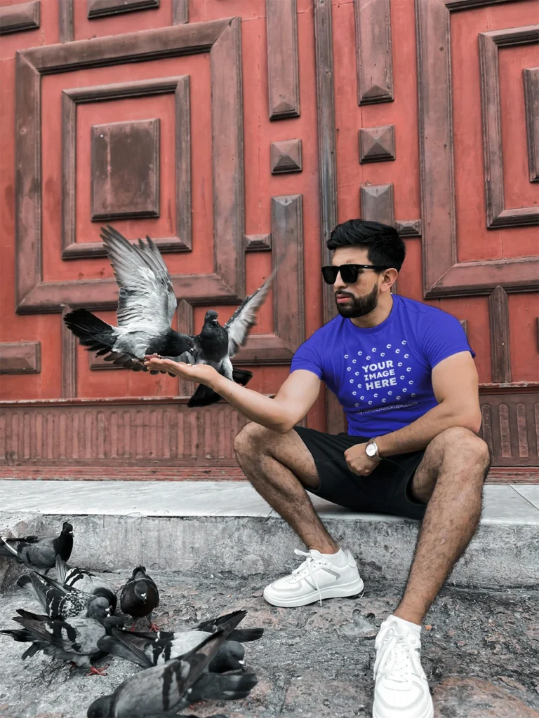 Man Wearing Blue T-shirt Mockup Front View Template