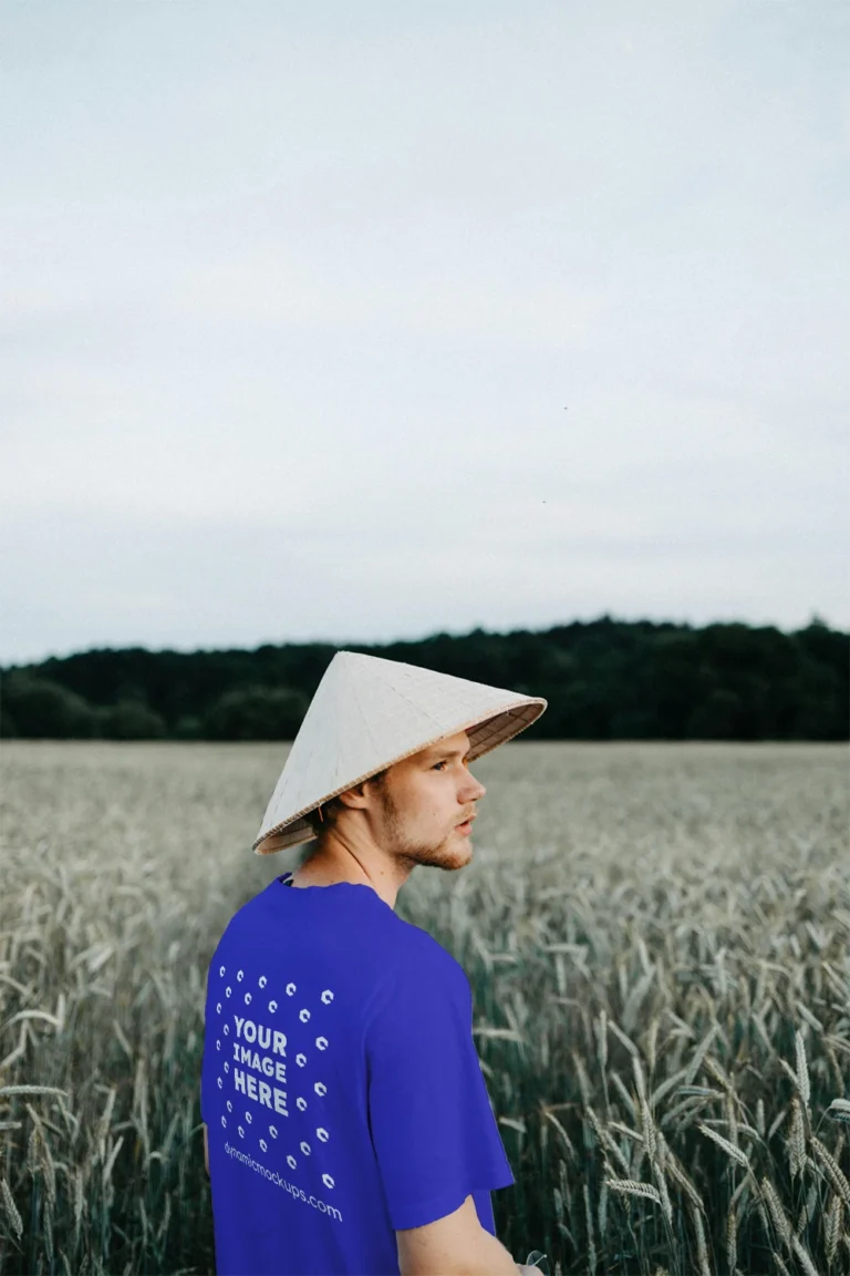 Man Wearing Blue T-shirt Mockup Front View Template