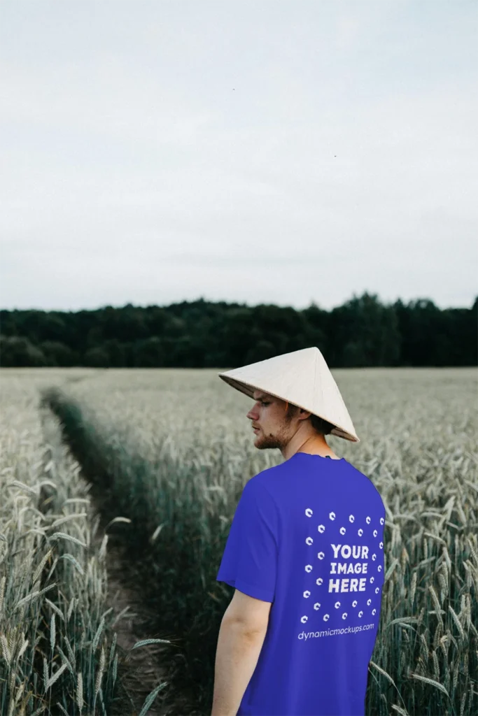 Man Wearing Blue T-shirt Mockup Front View Template