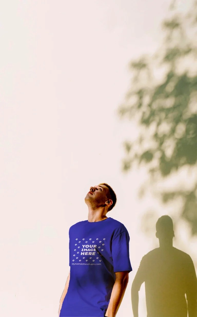 Man Wearing Blue T-shirt Mockup Front View Template