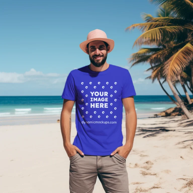 Man Wearing Blue T-shirt Mockup Front View Template