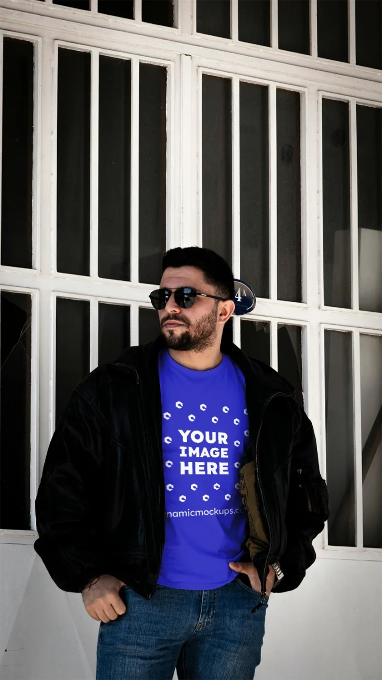 Man Wearing Blue T-shirt Mockup Front View Template