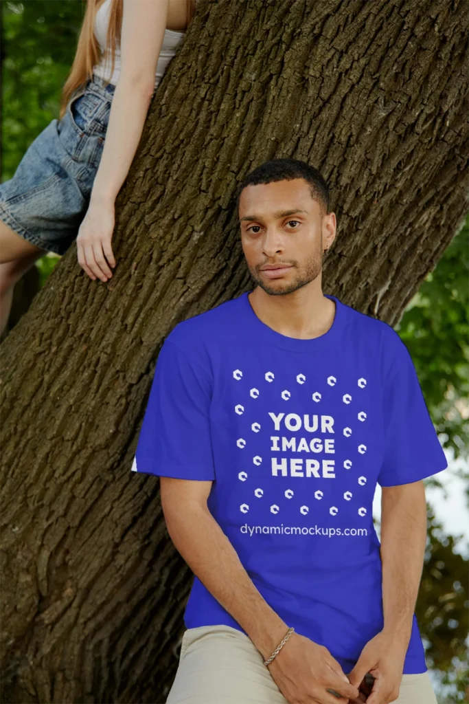 Man Wearing Blue T-shirt Mockup Front View Template