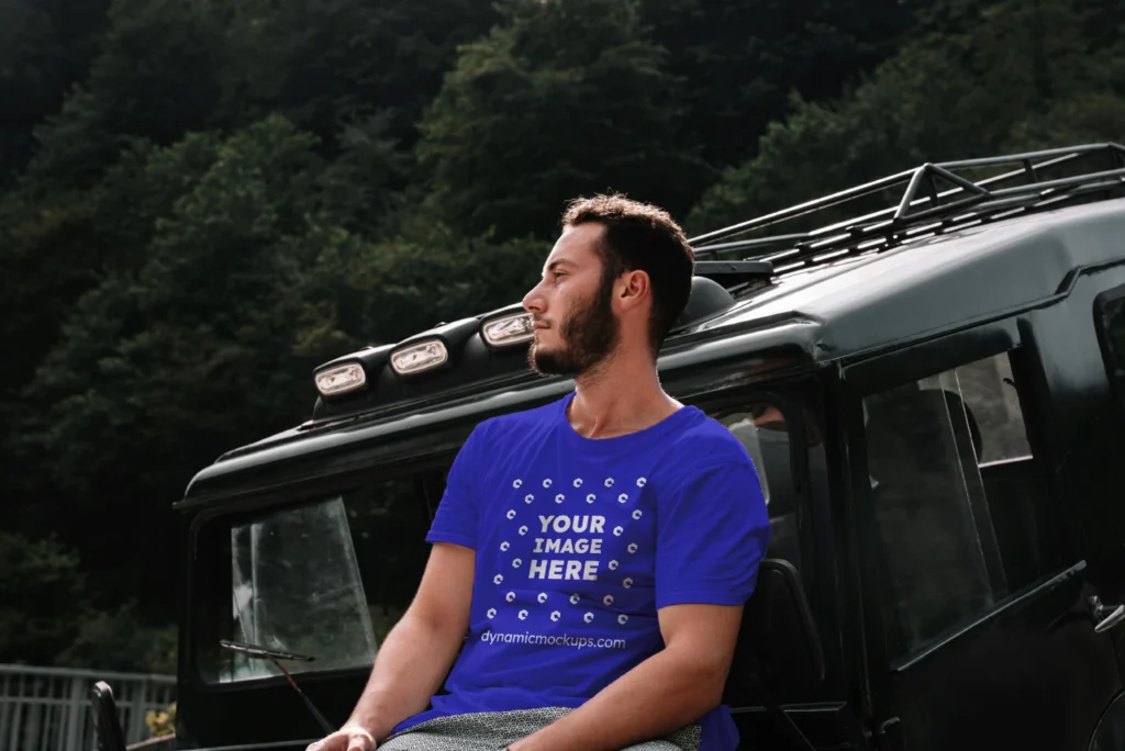 Man Wearing Blue T-shirt Mockup Front View Template